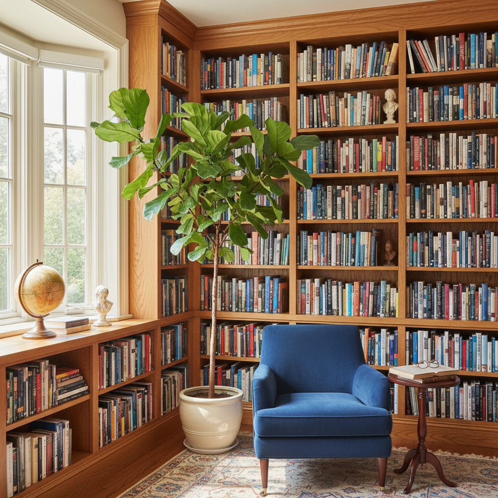 Bibliothèque de livres bien rangés dans une pièce lumineuse avec une plante verte, symbolisant la connaissance, la recherche et l'approche éducative du bien-être