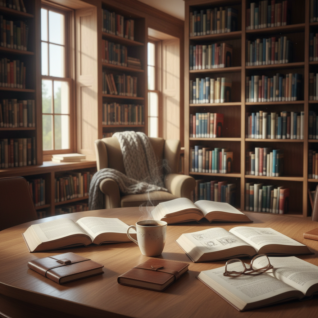 Vue aérienne d'un bureau avec un carnet ouvert, une tasse de thé et des feuilles vertes, symbolisant la réflexion et l'apprentissage dans un cadre calme