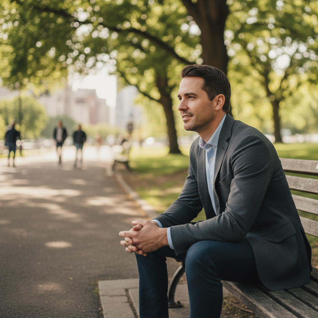 Homme assis sur un banc dans un parc, regardant au loin avec une expression sereine et réfléchie, illustrant la résilience mentale et la contemplation