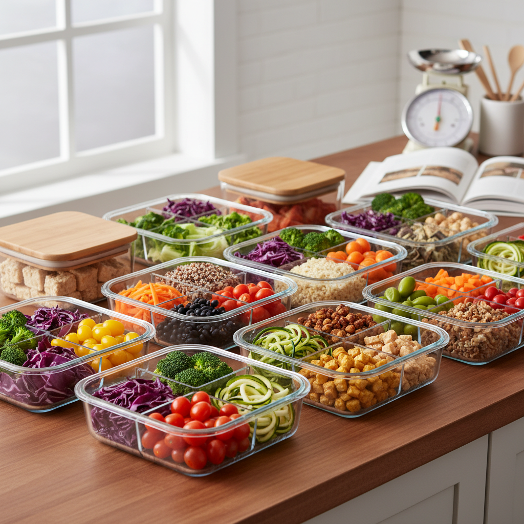 Plans de préparation de repas disposés dans des contenants en verre avec des légumes colorés, céréales et protéines végétales, illustrant la planification alimentaire