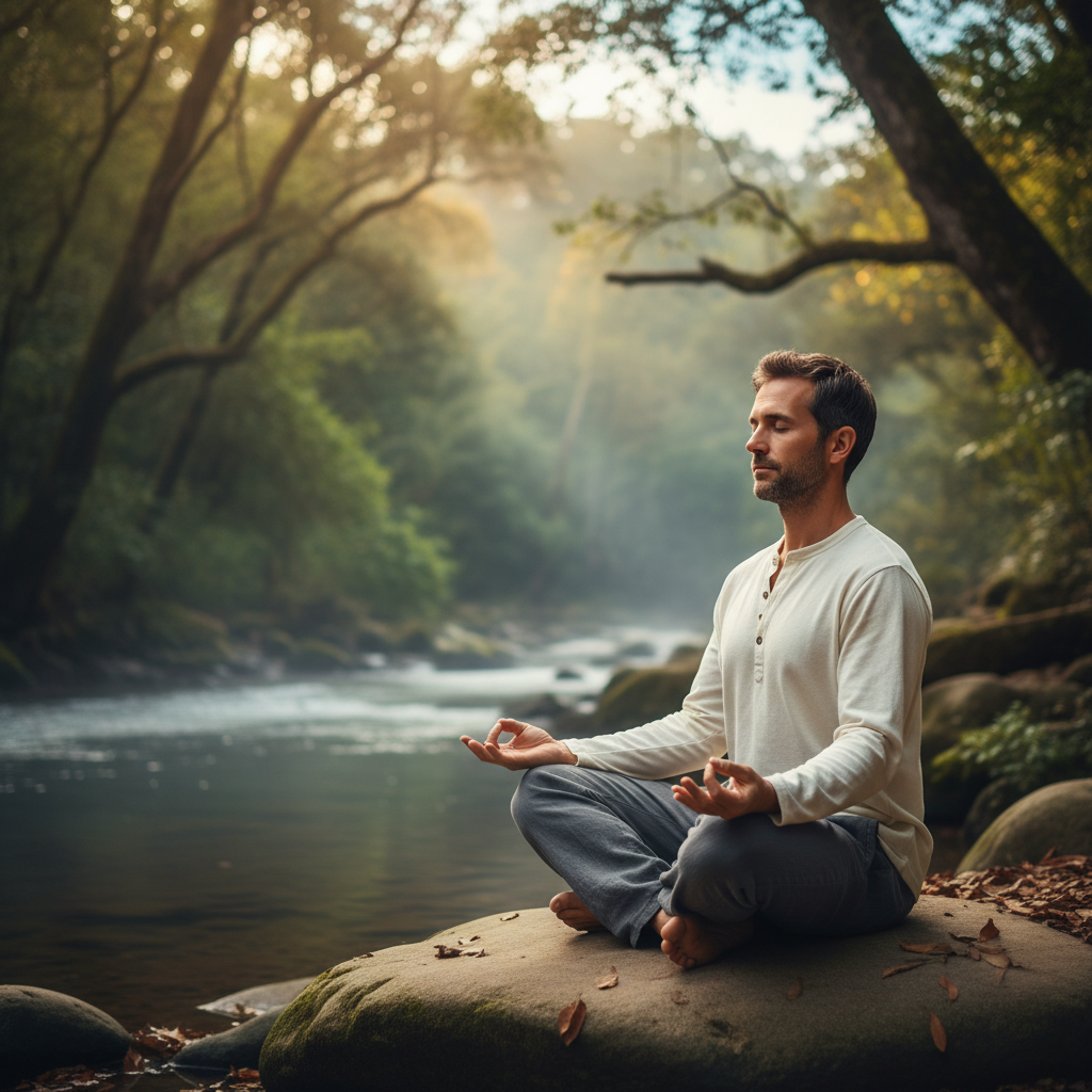 Homme assis en posture de méditation dans un environnement naturel calme, les yeux fermés, illustrant la pratique de la pleine conscience