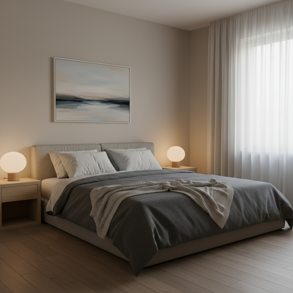 Chambre épurée avec une lumière douce et tamisée, symbolisant un environnement propice à un sommeil de qualité