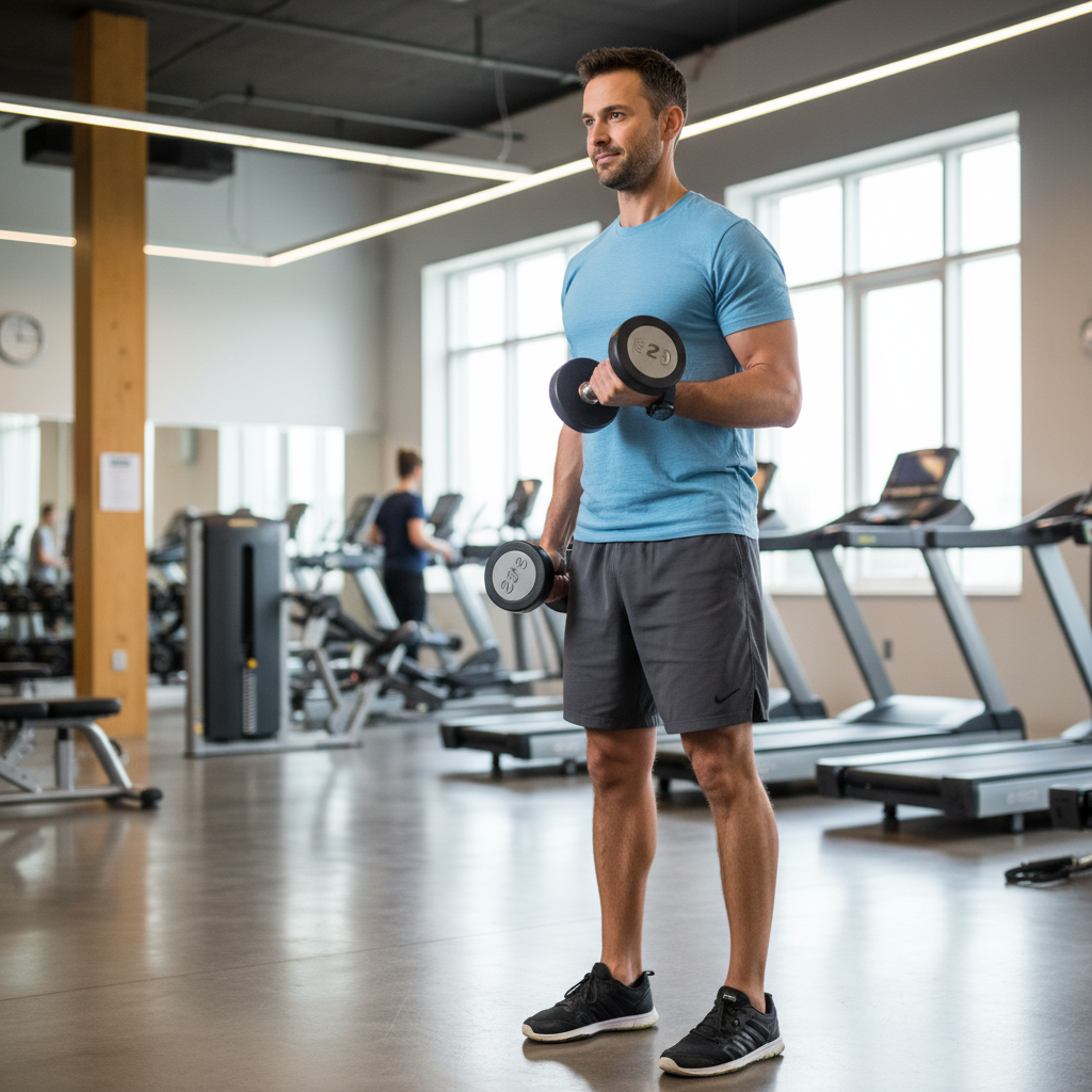Homme effectuant des exercices de renforcement musculaire avec des poids modérés dans une salle lumineuse, illustrant une pratique raisonnée